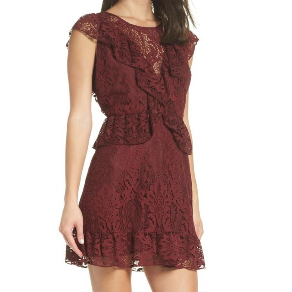 NWT BB DAKOTA Burgundy Lace Ruffle Mini Dress 6